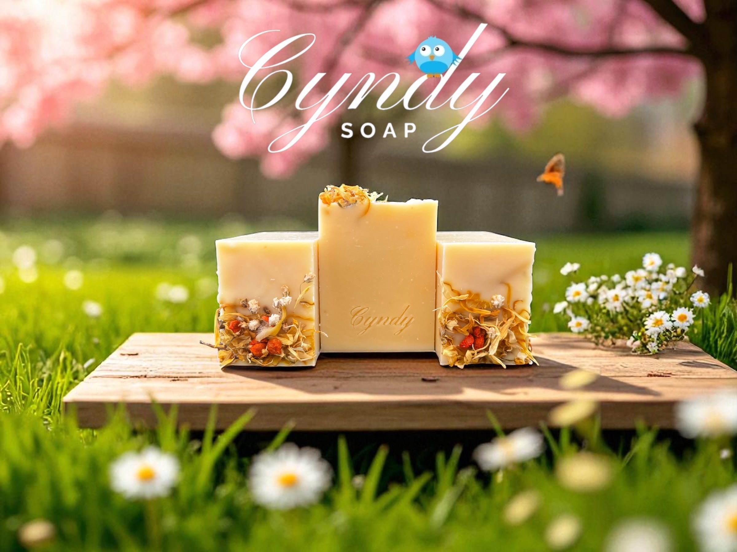 Three bars of soap with floral elements on a wooden board outdoors, with 'Cyndy Soap' branding.